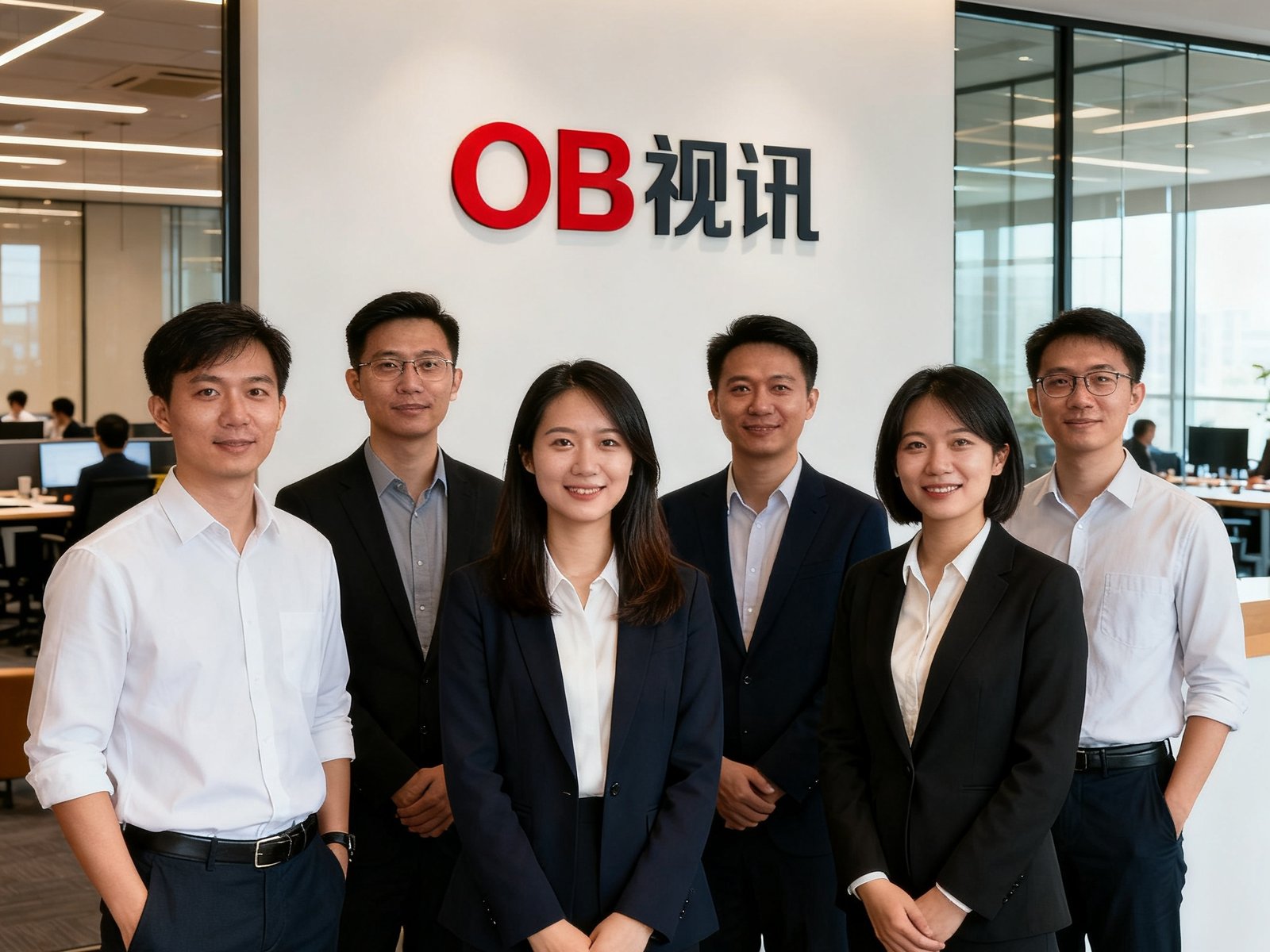 OB视讯核心团队合影，六位成员站在公司logo墙前，背景可见开放办公区和会议室的玻璃隔断，团队氛围专业而融洽。